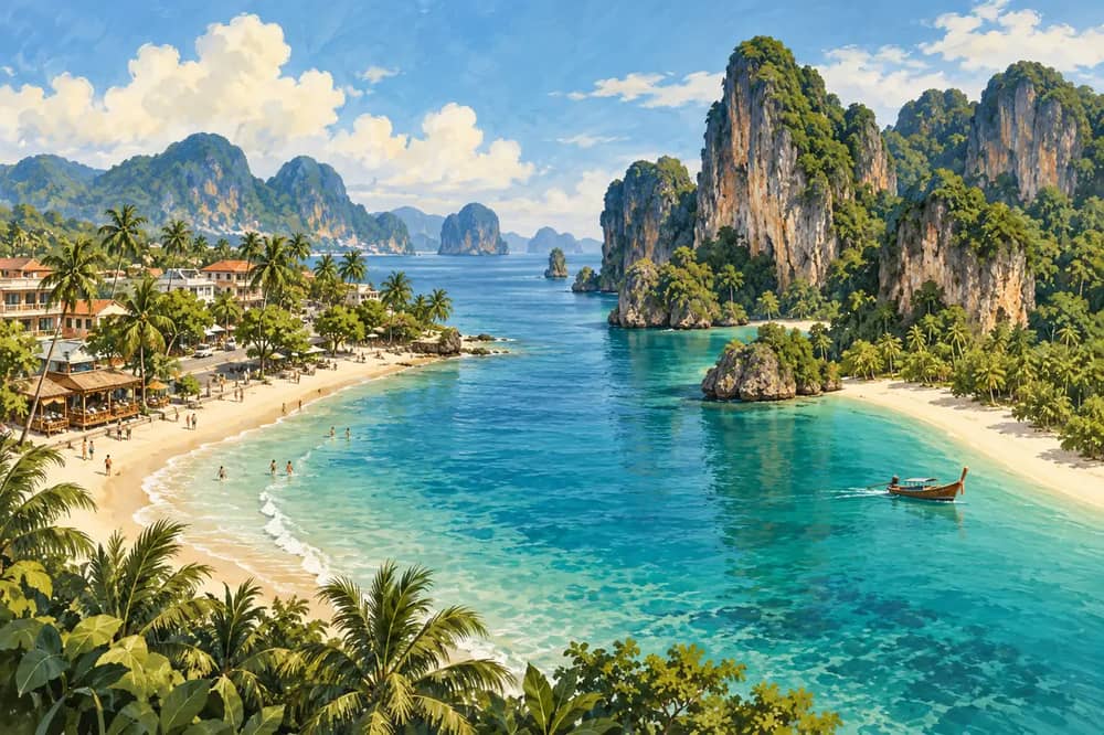 Conceptual illustration of a beach town and a cliff-backed bay with a longtail boat, inspired by Ao Nang and Railay