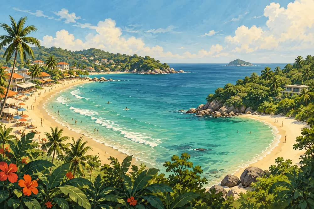 Conceptual illustration of a lively beach town and a quieter bay, inspired by Kata and Kata Noi
